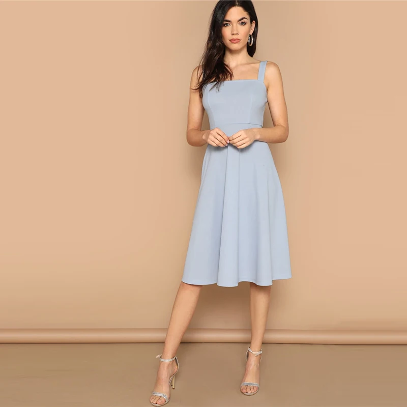 SHEIN Однотонное Приталенное Расклешенное Платье С Молнией Женское Летнее Элегантное Платье Без Рукавов