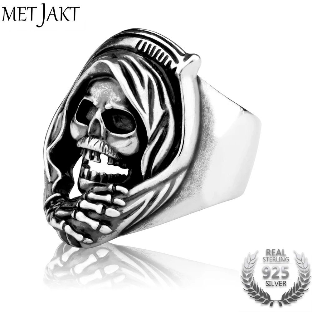 MetJakt 925 пробы Серебряное Открытое кольцо для мужчин в стиле панк Рок Grim Reaper Skull