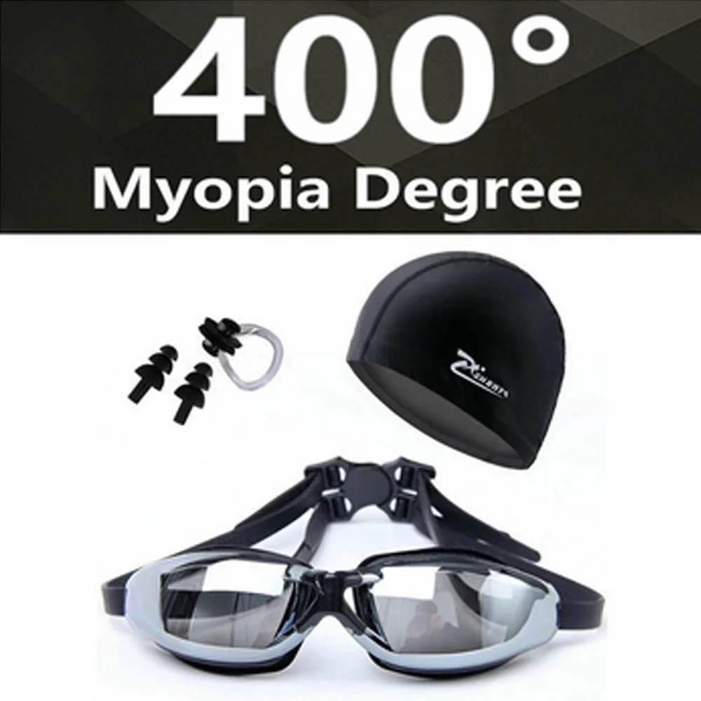 Myopia 400 black Плавательные очки Комплект из 3 предметов мужские профессиональной близорукости плавательные очки зажим для носа беруши для плавания ПУ шапки Водонепроницаемый Анти-туман УФ Очки для плавания маски - Цвет: Myopia 400 black