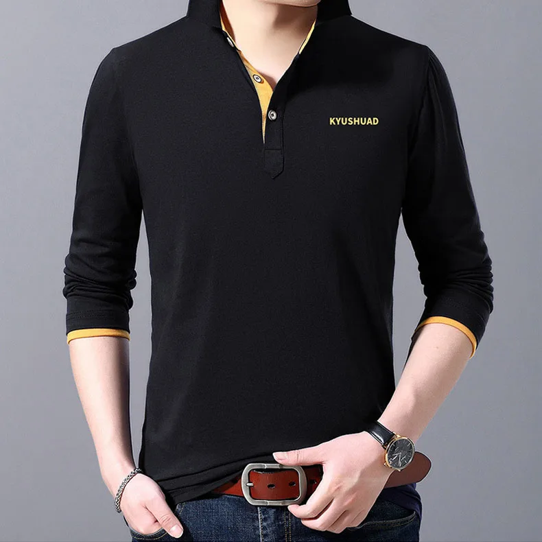Black Mwxsd brand Casual mens long sleeve cotton polo men Autumn soft solid poloshirt men high quality polos tee camisa masculina polo - Color: Black