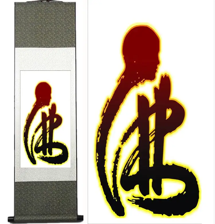 Китайская Картина с буквами и буддой, шелковая прокрутка, традиционная китайская картина с буквами