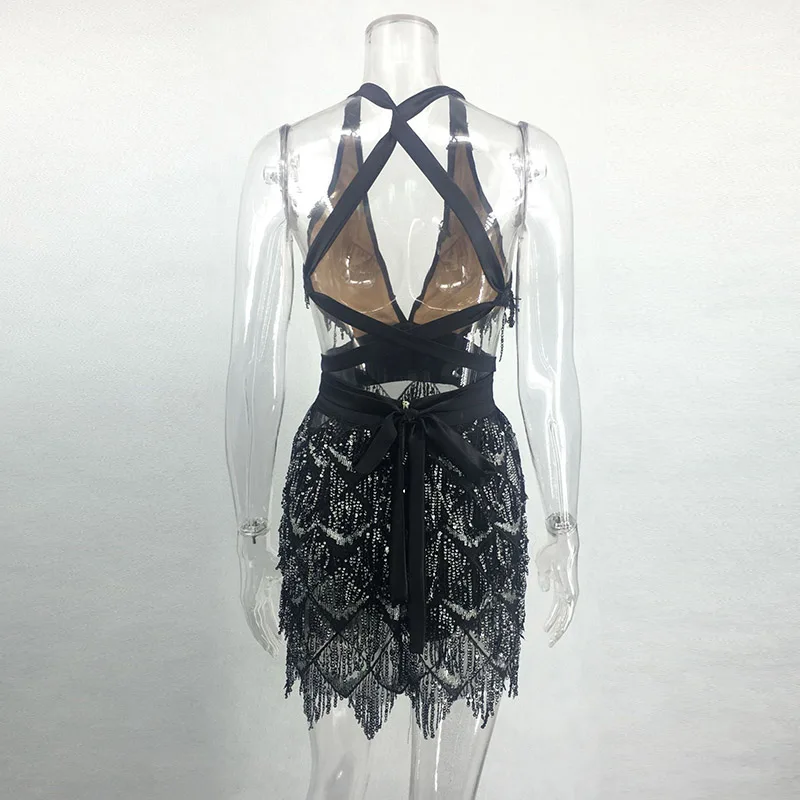 Neonrrexy Sexy Sleeveless Bandage Tassel Luxury Party Dresses Women Cocktail Gold Sequins Bodycon Backless Vestidos | Женская одежда