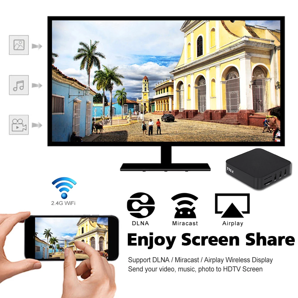 ТВ-приставка T96X Android 7 1 2 ГБ/16 ГБ четырехъядерный процессор RK3229 UHD 4K VP9 H.265 Miracast DLNA