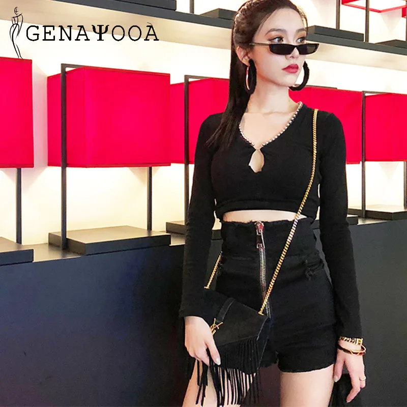 Шорты с высокой талией деним Push Up Тощий на молнии черный уличная джинсовые шорты