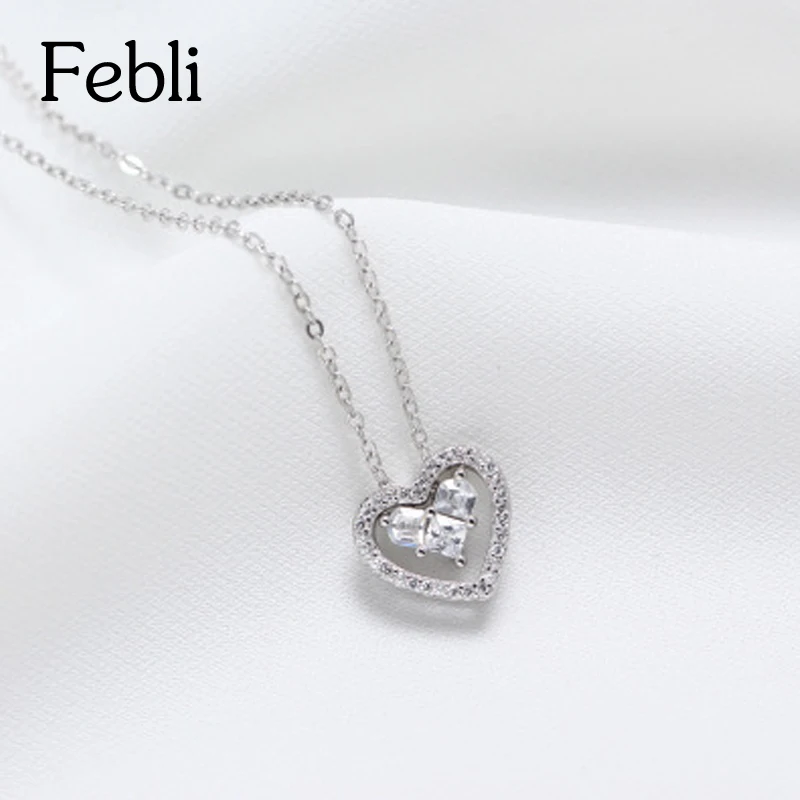 Febli S925 Серебряное сердце ключицы цепи с кубического циркония тонкий и элегантный