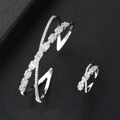 H056B Silver Godki роскошный модный комплекты украшений для женщин свадебный Циркон Кристалл CZ Дубай Свадебный браслет кольцо наборы aretes de mujer модерас - Metal color: H056B Silver