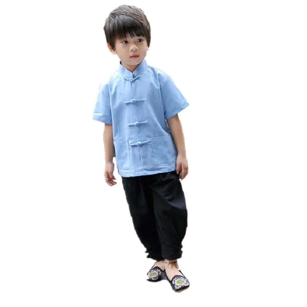 Chinese Traditional Kungfu Costumes Children Tang Clothes New Year Baby Boys Jersey Trousers Cheongsam Kids Sport Suit Linen Top |