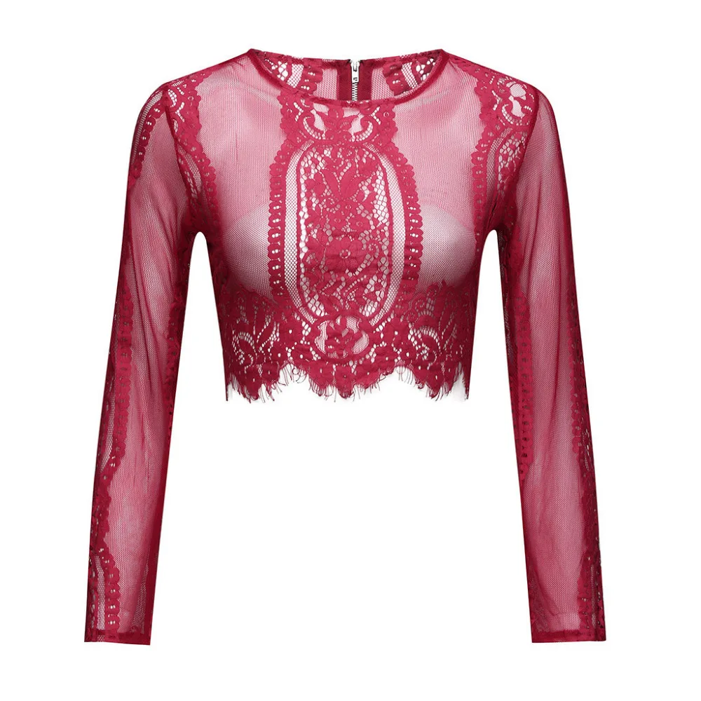 Женский Прозрачный Кружевной укороченный топ с длинным рукавом сетчатый на