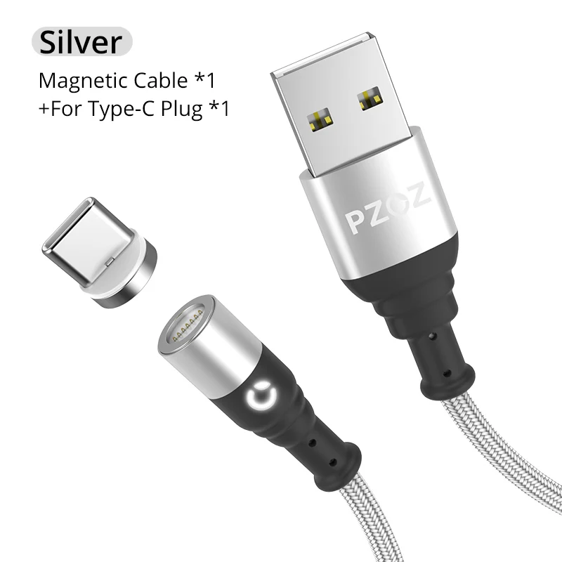 1m Silver For Type C PZOZ магнитная зарядка Micro USB кабель магнитный кабель usb type C зарядка для айфона зарядка usb c шнур для зарядки телефона - Цвет: 1m Silver For Type C