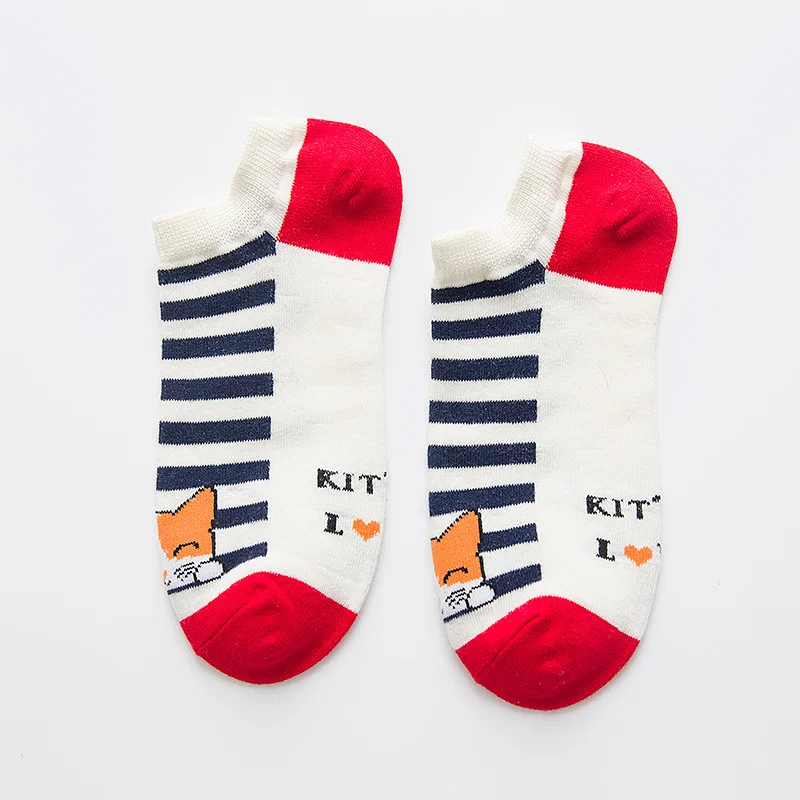 Red Socks 5 пар/партия, женские короткие носки новые женские короткие носки Новые простые хлопковые носки для девочек на весну-лето милые носки с изображением кота - Цвет: Red Socks