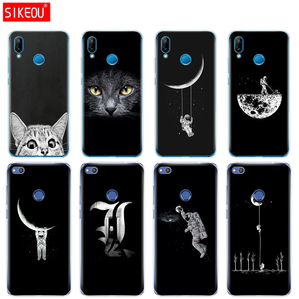 Силиконовый чехол для телефона Huawei P20 P7 P8 P9 P10 Lite Plus Pro 2017 p smart 2018 Space Moon Cute Cat black |