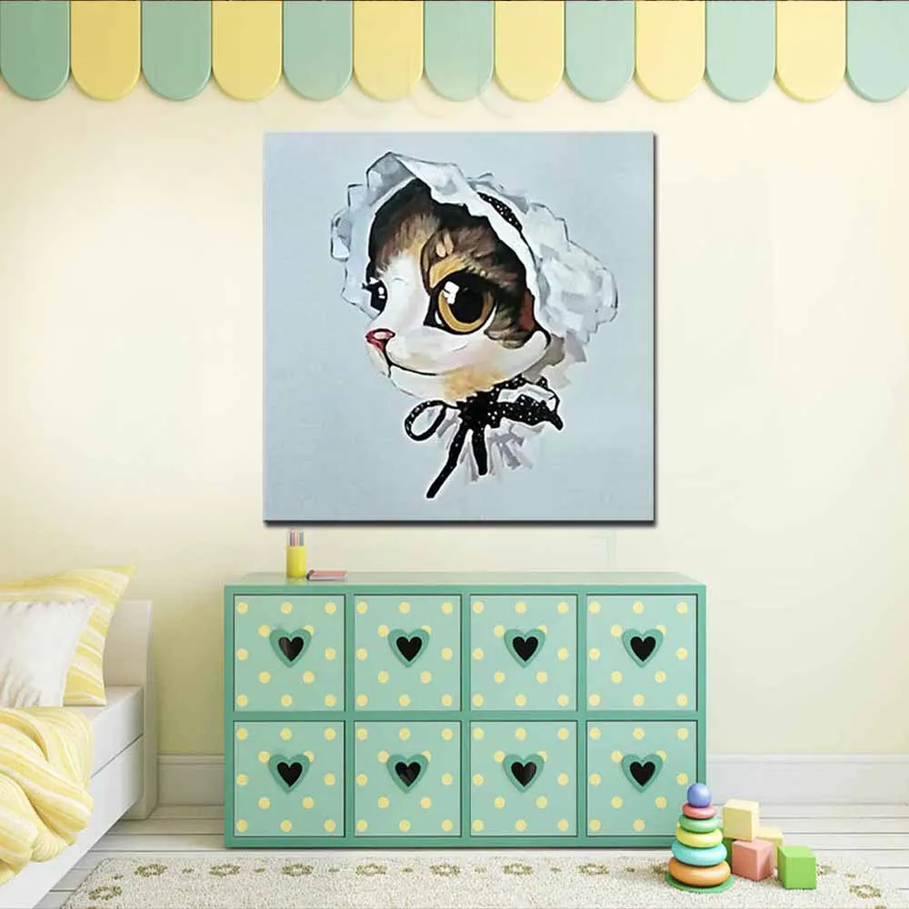 

Hand Painted Cartoon Wall Picture Cute Cat Oil Canvas Painting Cat Wear Hats Wall Picture Children's Room Home Art Wall Decor