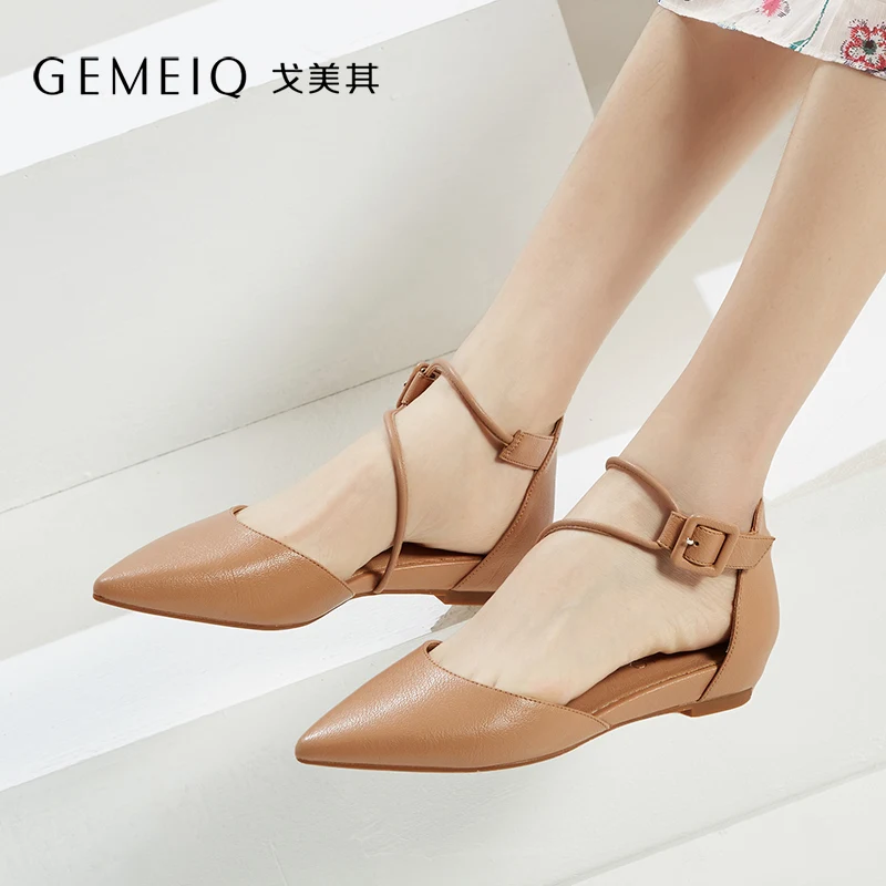 GEMEIQ/ г. Новые весенние открытые туфли с пряжкой на ремешке женские туфли с острым носком на плоской подошве легко застёгивающийся на каждый день