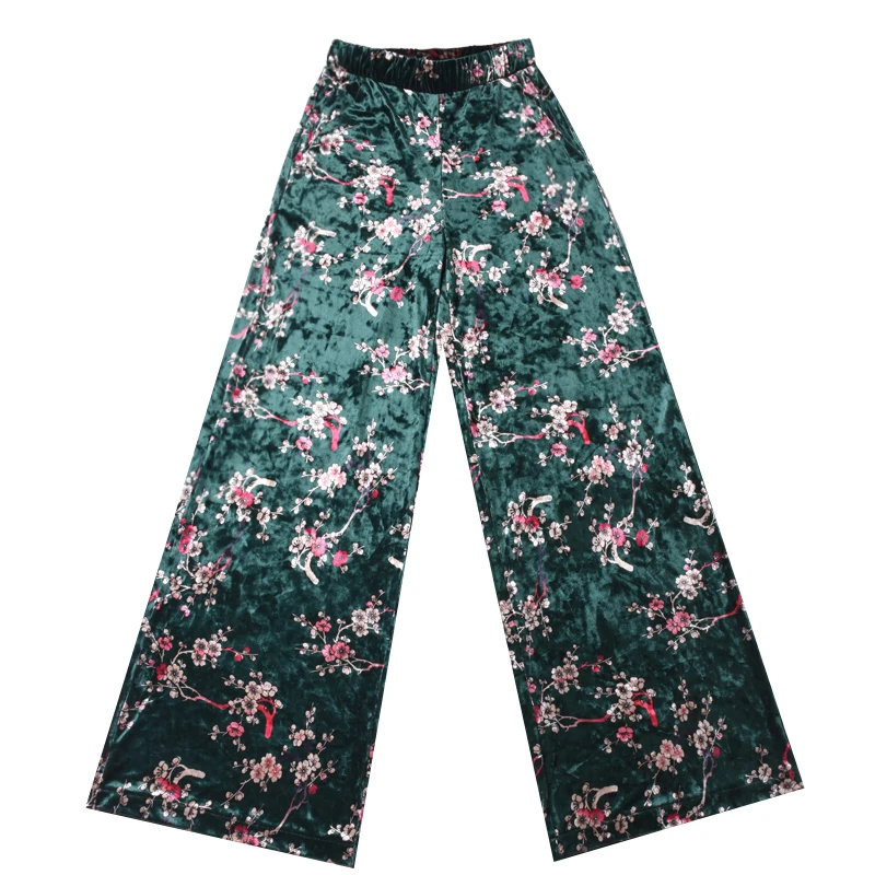 

Female Vintage Gold velvet straight pants wide leg pants women's trousers women' autumn winter new print dark green casual pants