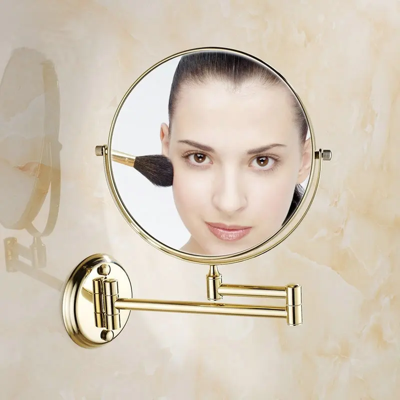 Bathroom 8 Inch Golden Polished Brass Bathroom Cosmetic Mirror Makeup Mirror Double Slide Magnifying Bath Mirrors Wall Mounted