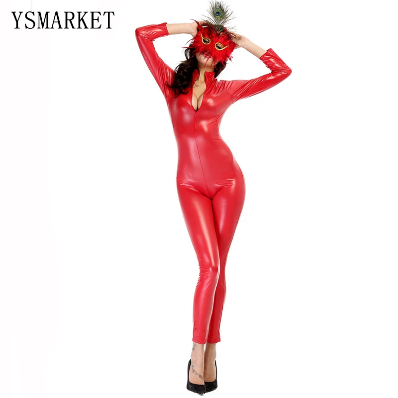 2018 красный Облегающий комбинезон из искусственной кожи женский сексуальный