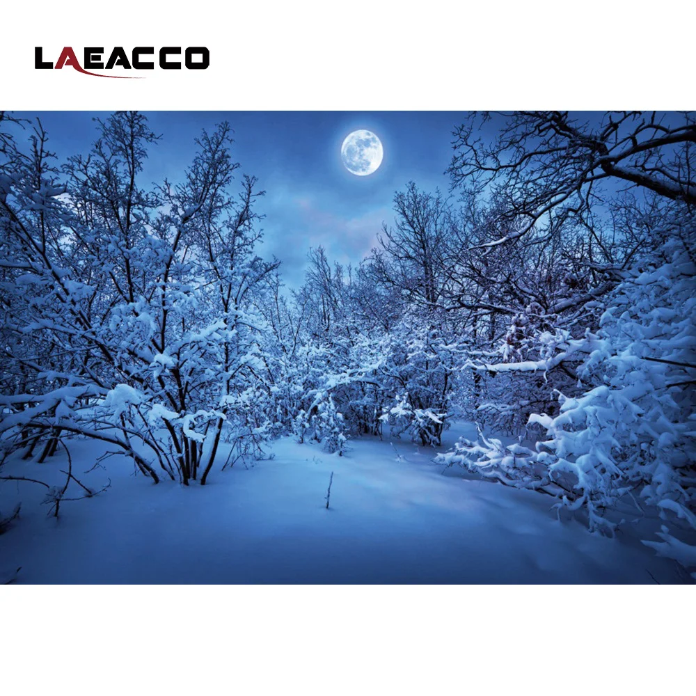 Laeacco Winter Snow Moon Night Forest Tree Scenic Photography Backgrounds Vinyl Custom Photographic Backdrops For Photo Studio |