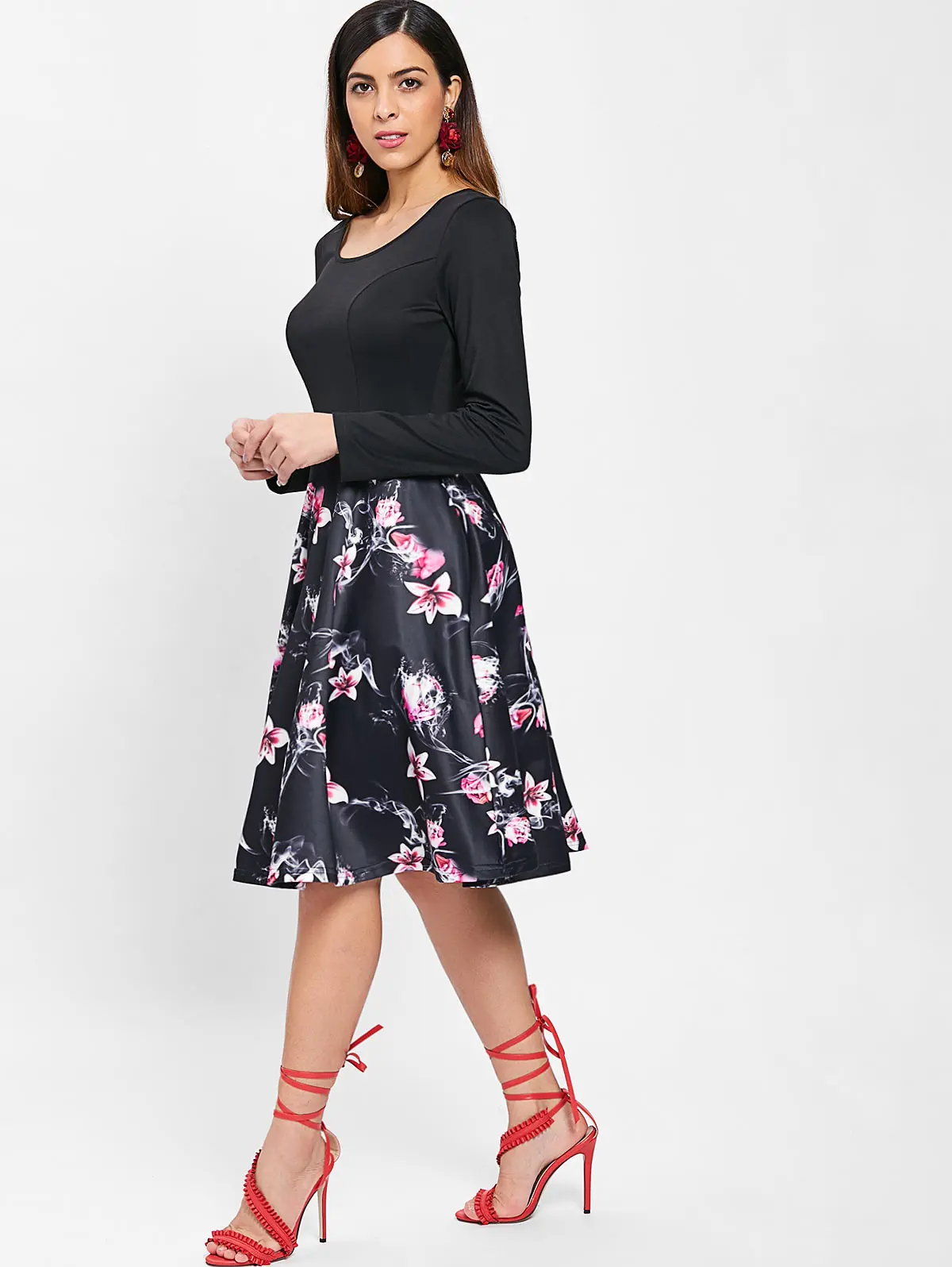 Floral Print Criss Cross Women Retro Dress 50s 60s Round Neck Long Sleeves Rockabilly Swing Vintage Party Vestidos | Женская одежда