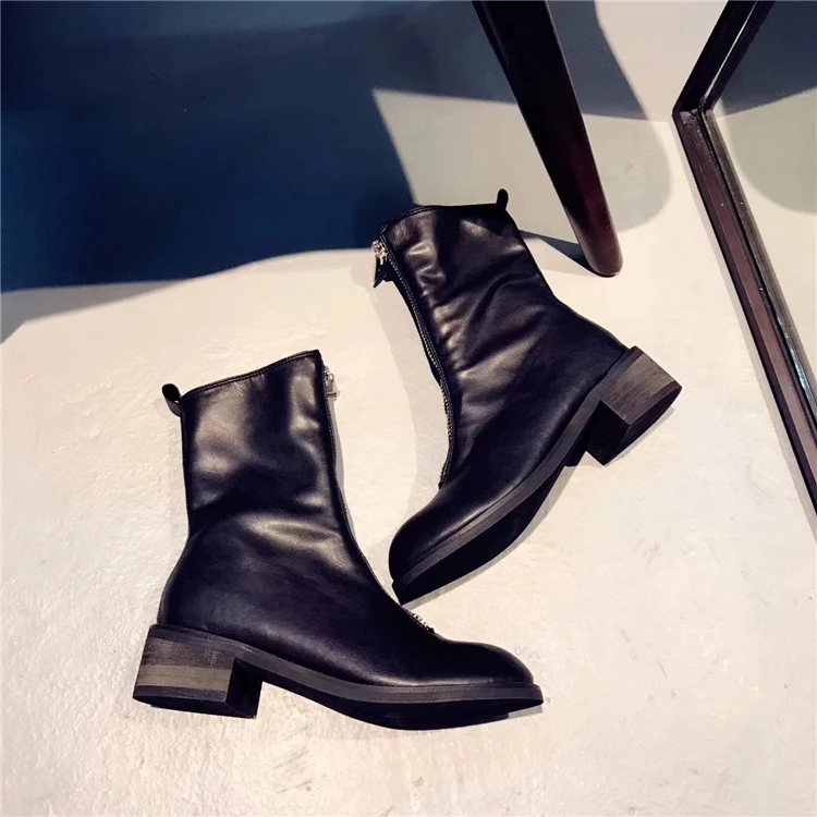 Модные женские ботильоны с молнией спереди В рыцарском стиле; женские Ботинки martin с круглым носком на среднем квадратном каблуке; черные кожаные винтажные ботинки