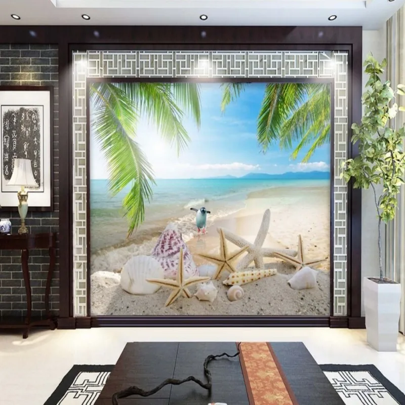 Dropship Fatman Photo Wall Mural Blue Wallpaper Beach Sea Coconut Trees Summer Landscape TV Background Tapety 3D | Обустройство дома