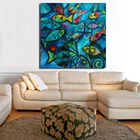 Картина с животными QKART, картина маслом Морской Рыбы темно-синего цвета на холсте, настенные картины для гостиной, плакат и печать, Настенный декор