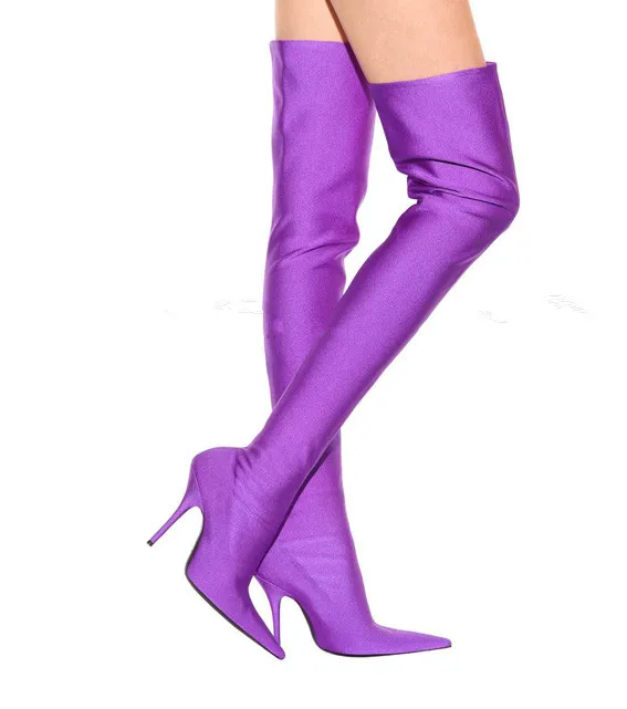 

Fashion Runway Stretchy Sock Boots Pointy Toe Stiletto Heel Thigh High Boots Shoes Woman Stain Crotch Slip-on Over The Knee Boot