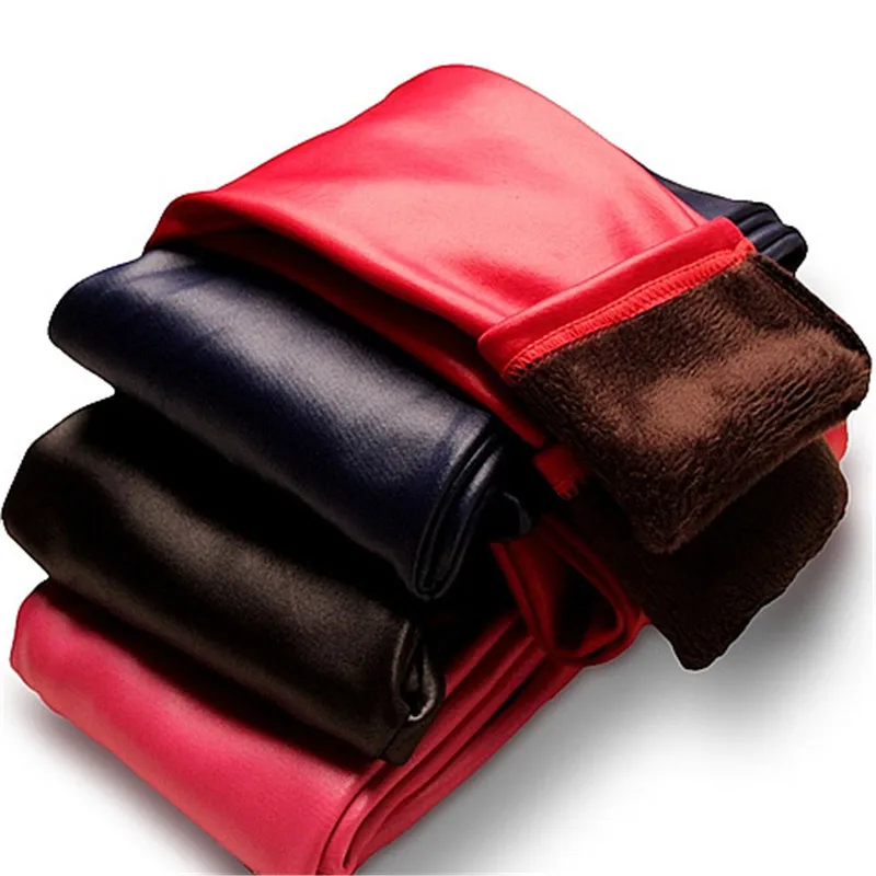 Модные леггинсы из искусственной кожи для девочек осенне-зимняя теплая детская