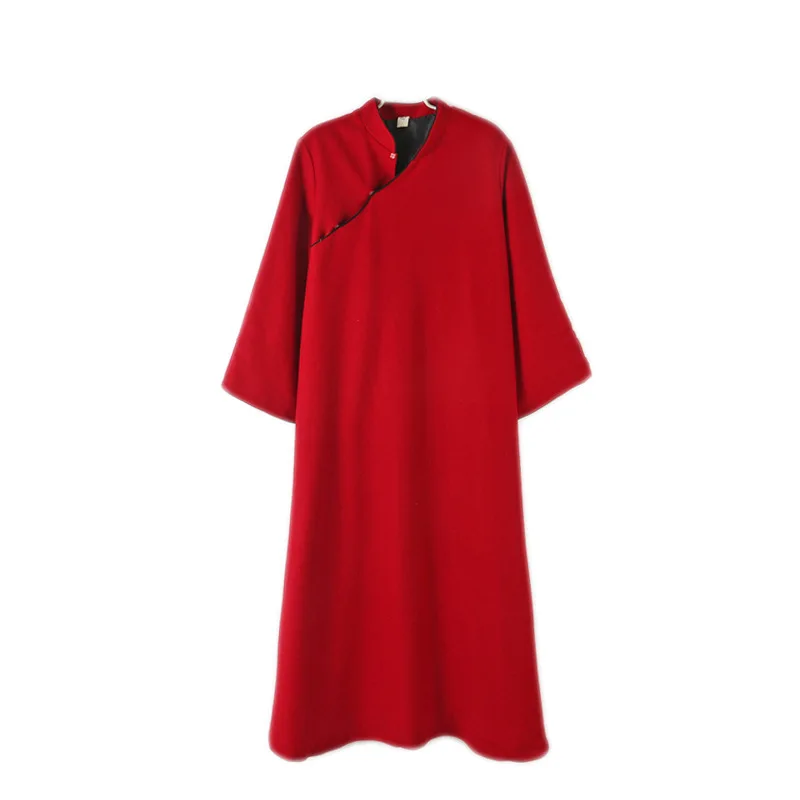 Chinese Cheongsam Dress Woolen Warm Thick Long Sleeve Dress Zen Tea Daily Long Sections Red