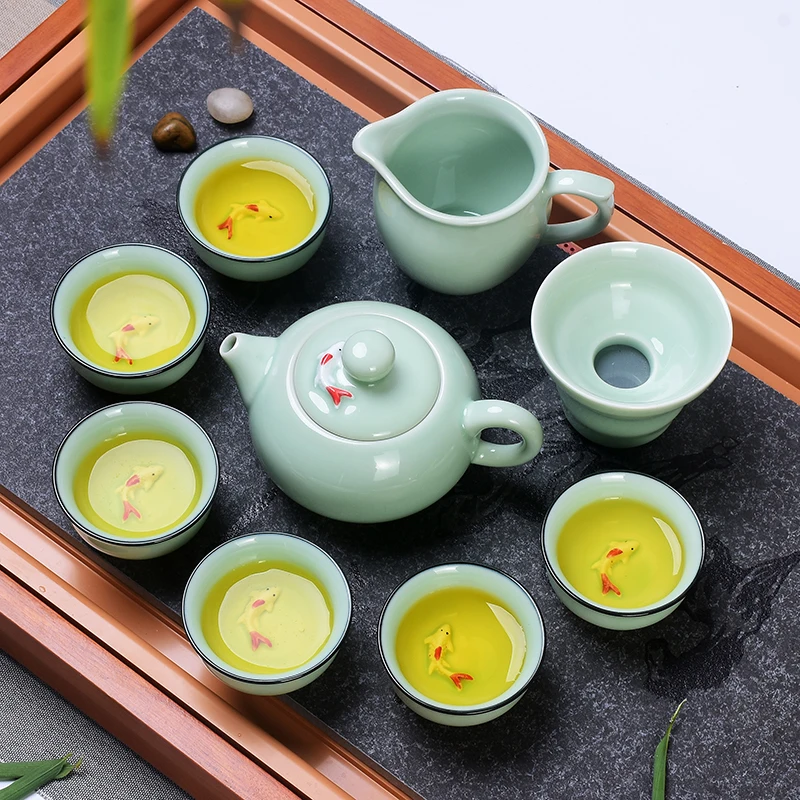 

complete kungfu tea set porcelain celadon fish relief gaiwan tea pot with infuser ceramic tea cup pitcher filter net folder new