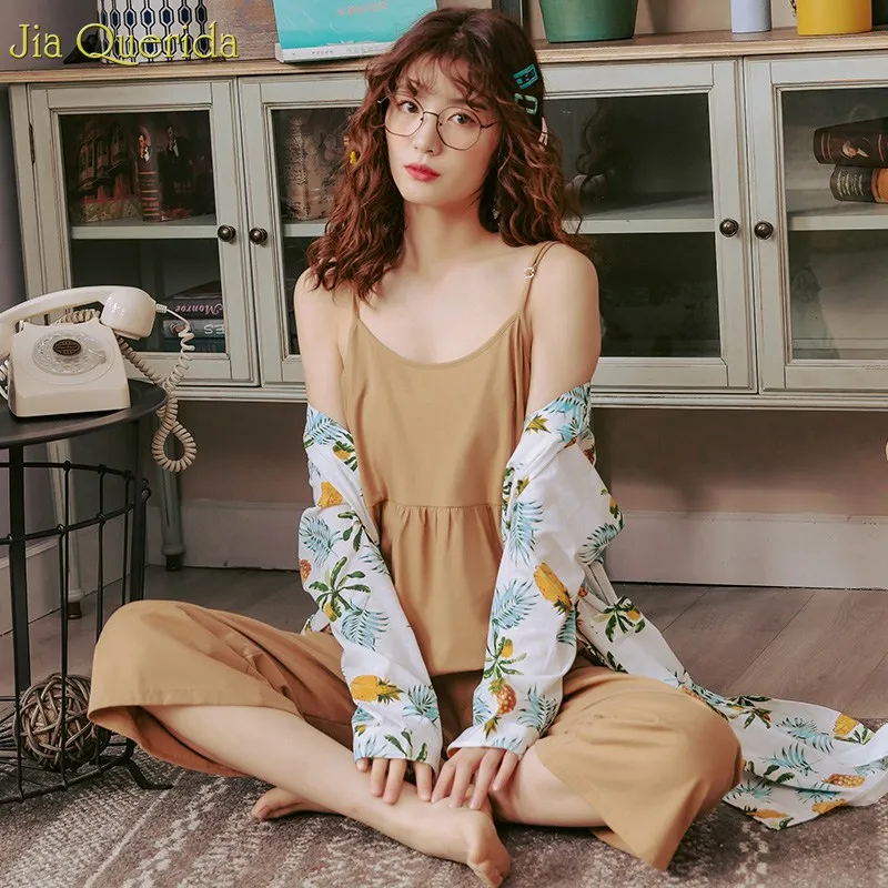 Женский пижамный комплект хлопковый из 3 предметов: Пижама с принтом ананаса и