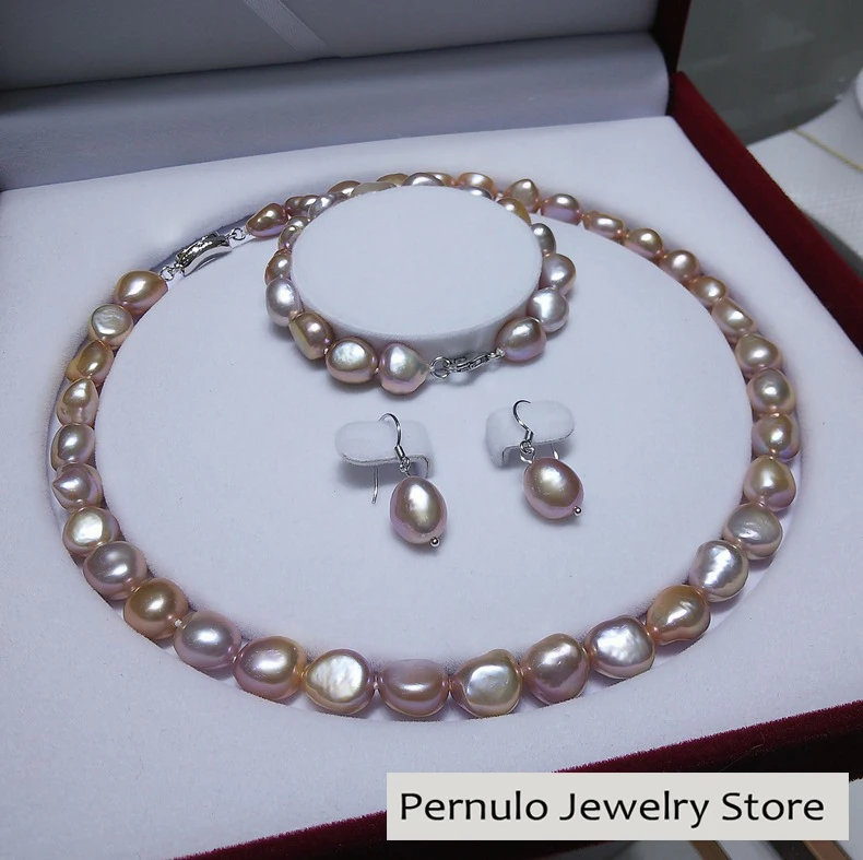 Ювелирные наборы из жемчуга Keshi 3 шт., ожерелье + браслет + серьги из натурального барочного жемчуга S925, подарочные украшения 9-10 мм