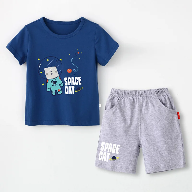 1 dark blue Одежда для мальчиков из чистого хлопка с принтом «Космический Кот»; коллекция года; дышащий повседневный комплект для мальчиков; очаровательный спортивный костюм; детские летние костюмы для мальчиков - Цвет: 1 dark blue