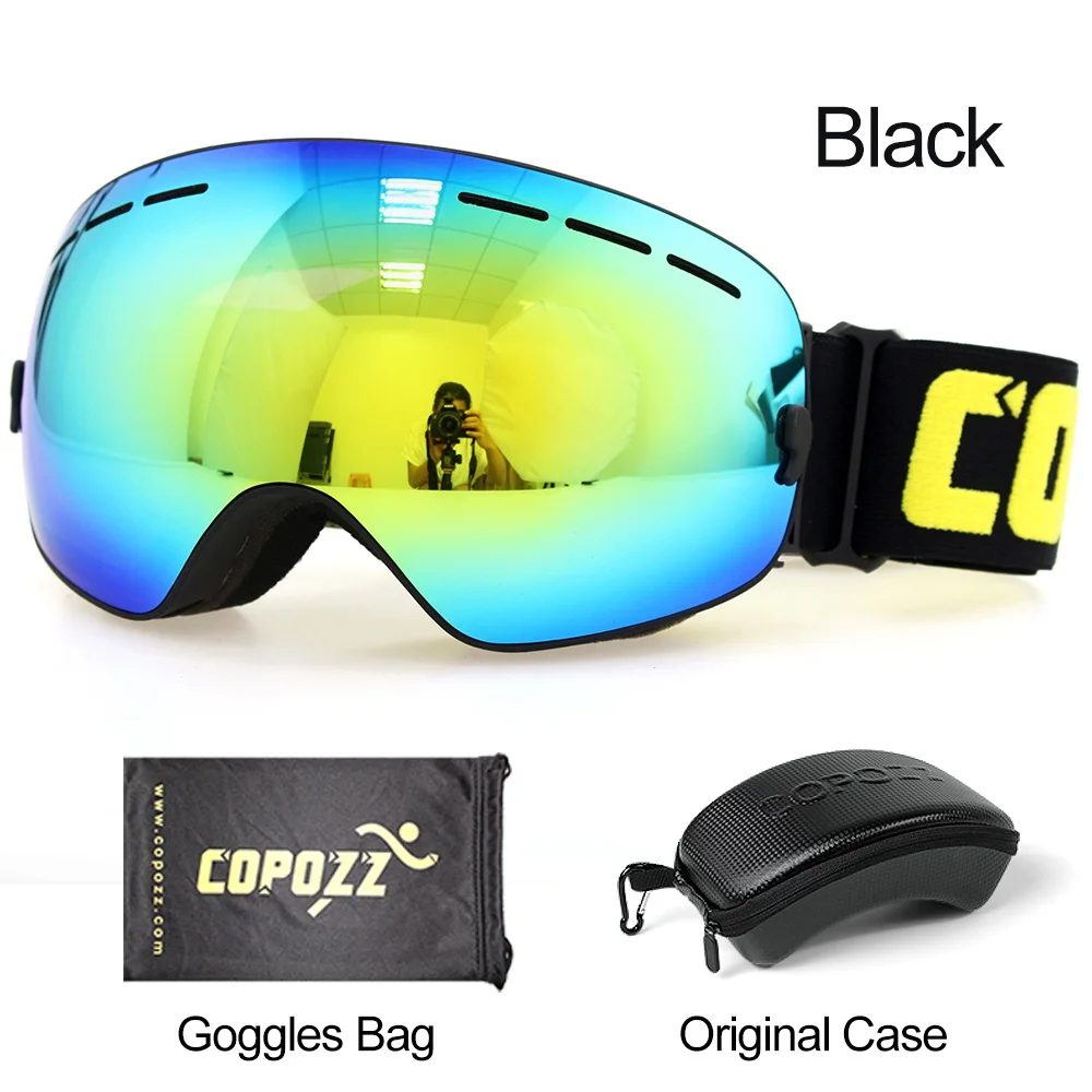 Frame black COPOZZ лыжные очки с Чехол с противоскользящим ремешком для взрослых UV400 противотуманные лыжные очки для мужчин и женщин сферические лыжные очки для сноуборда - Цвет: Frame black