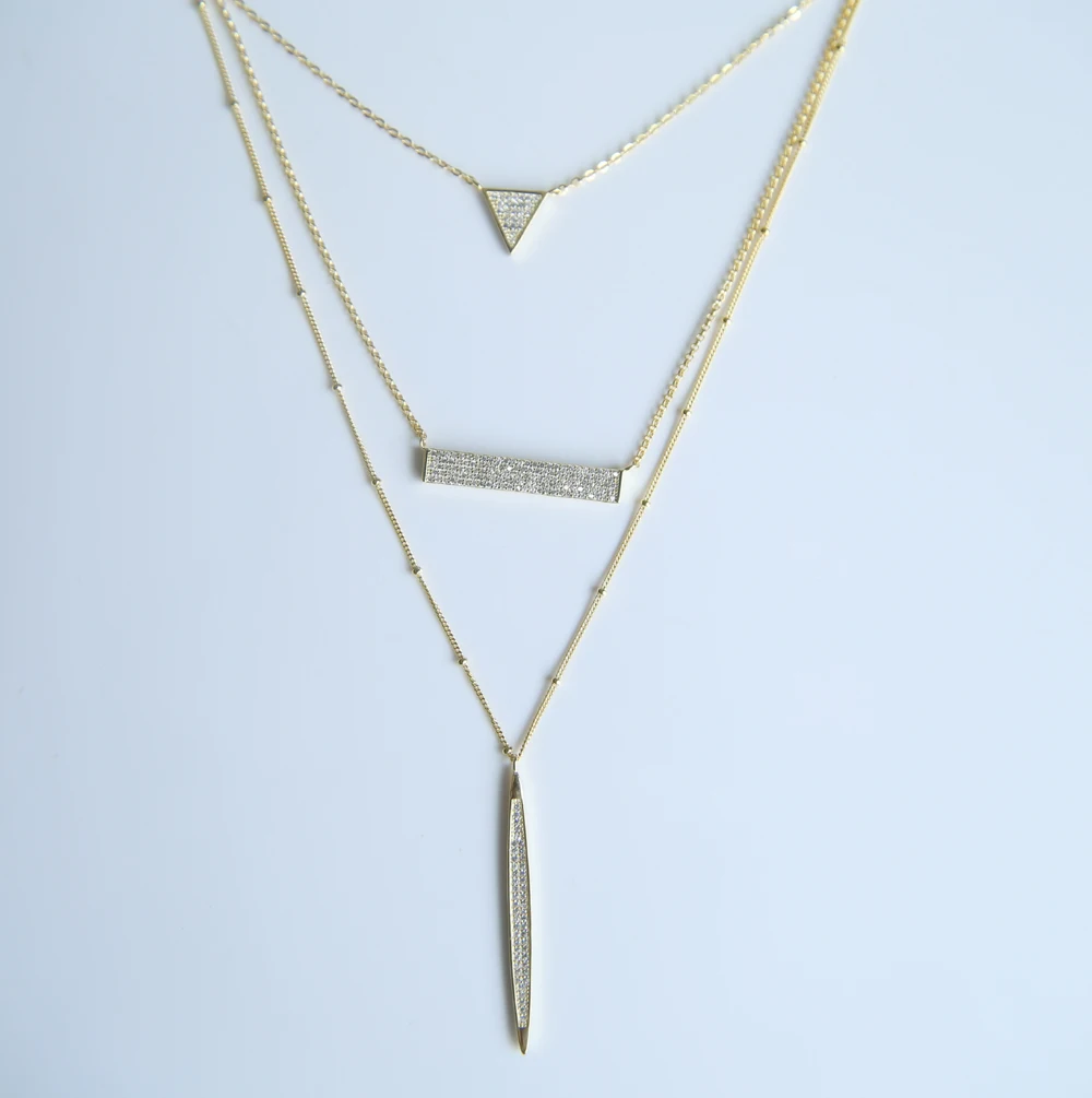 

Guarantee 100% 925 sterling silver gold color micro pave clear cz sparking multi layer necklaces for women