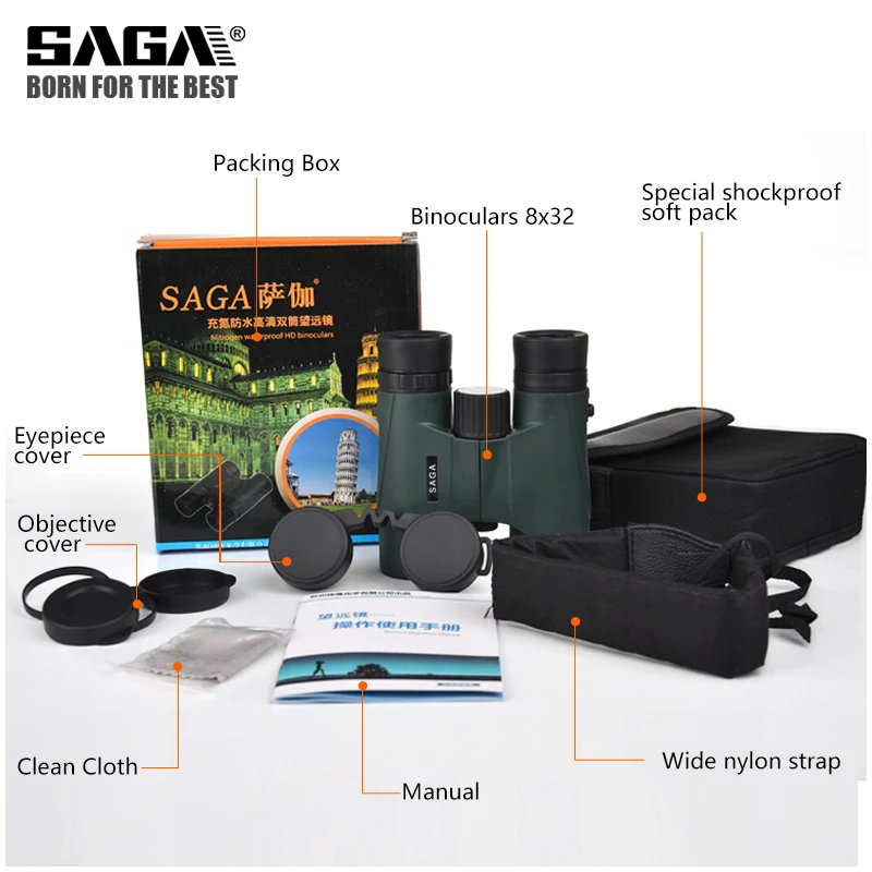 SAGA 8x32 высокой мощности бинокль инструменты для кемпинга телескоп туриста фото