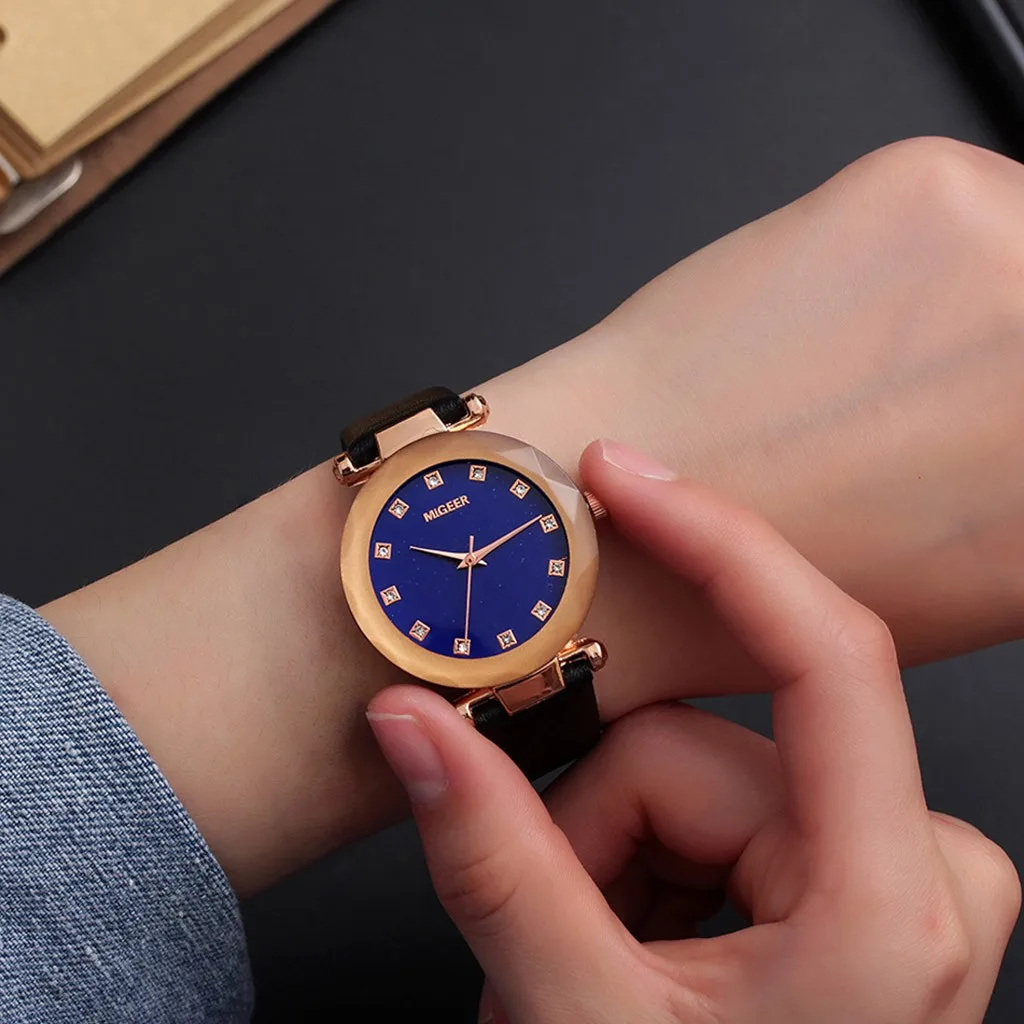 Роскошные часы женские кожаные модные кварцевые Выпуклое стекло наручные