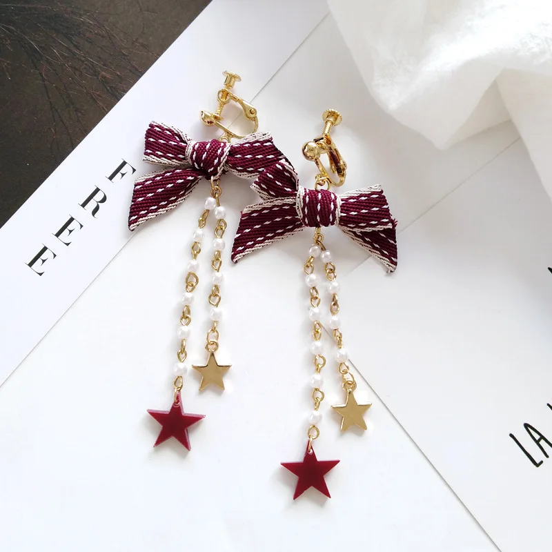 red clip earring Серьги-клипсы на завязках с лентами и кружевным бантом-бабочкой без пирсинга, длинные жемчужные серьги на цепочке в форме звезды для женщин - Окраска металла: red clip earring