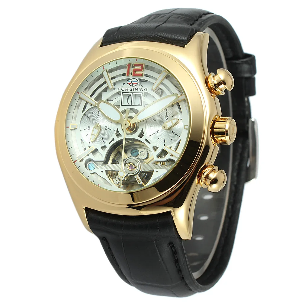 FORSINING Новая легенда турбийон серия 3D Cristal De Diseno De Cuero Genuino Correa мужские Relojes