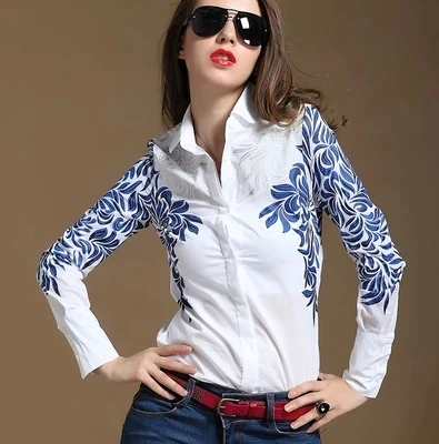 women's summer fashion shirts Long-sleeved white shirt printing show thin shirt big yards of blue and white porcelain shirt