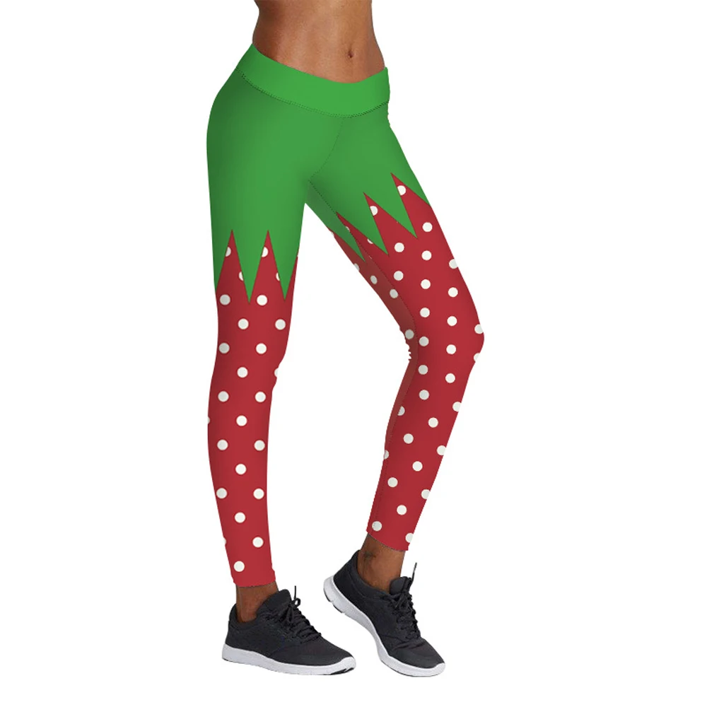 

Free Shipping Unique Strawberry Print Women Winter Christmas Polka Dot Pants Female Fitness Stretchy Leggings 3SZ60083