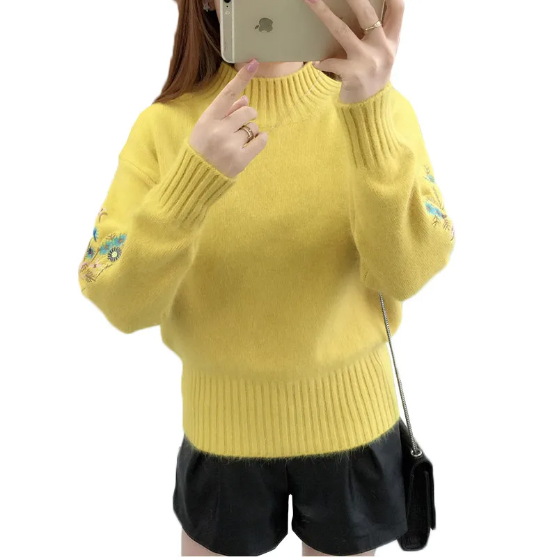 2019 Autumn Winter Sweater Women Casual Embroidery Pullovers Female Korean Half Turtleneck Long Sleeve Warm Knit Tops Pull Femme | Женская