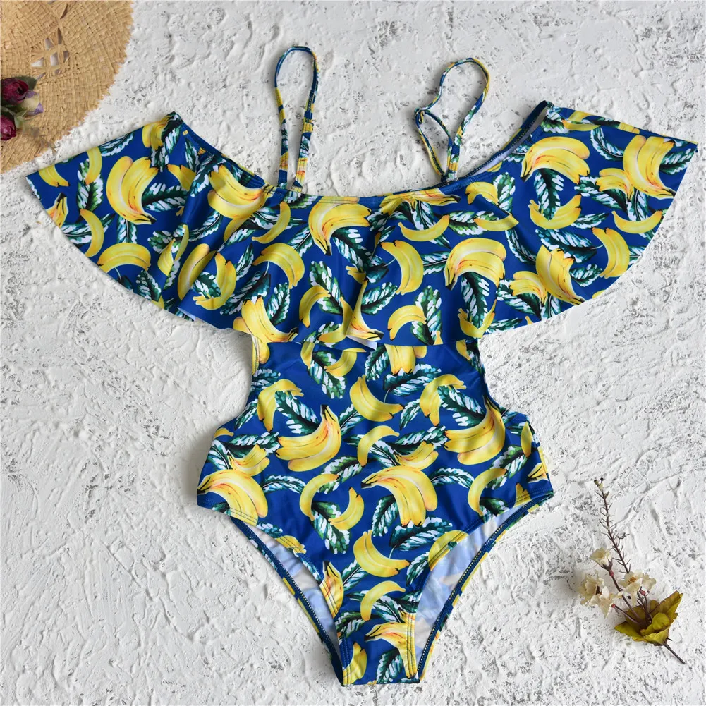 Сексуальный купальный костюм с принтом банана гофрированный открытыми плечами