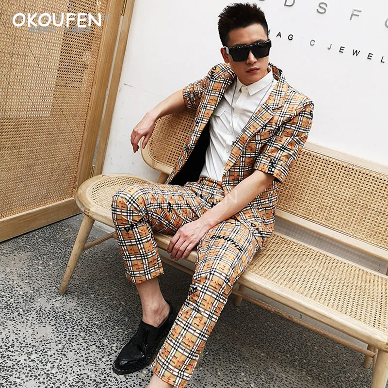 

Personality Men's slim Mid-sleeve suits Korean version British casual suit nightclub tide male hairdresser stage costumes
