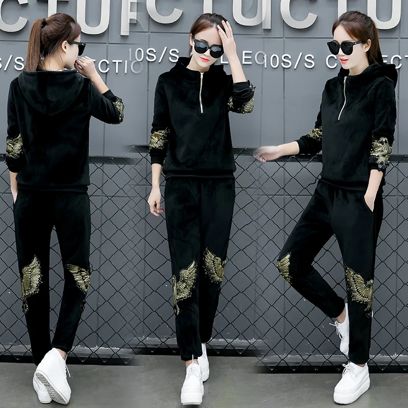 Женский спортивный костюм 2017 Модный комплект из 2 предметов Осень-зима вышивка