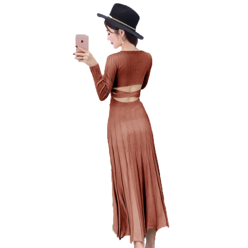 Женское трикотажное платье свитер с длинным рукавом и открытой спиной|dress robe|robe