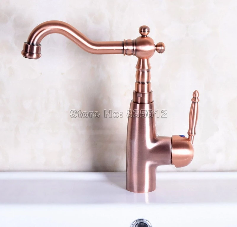 

Antique Red Copper Swivel Spout Bathroom Kitchen Basin Faucet / Single Handle Vessel Sink Mixer Taps Deck Mounted Wnf131