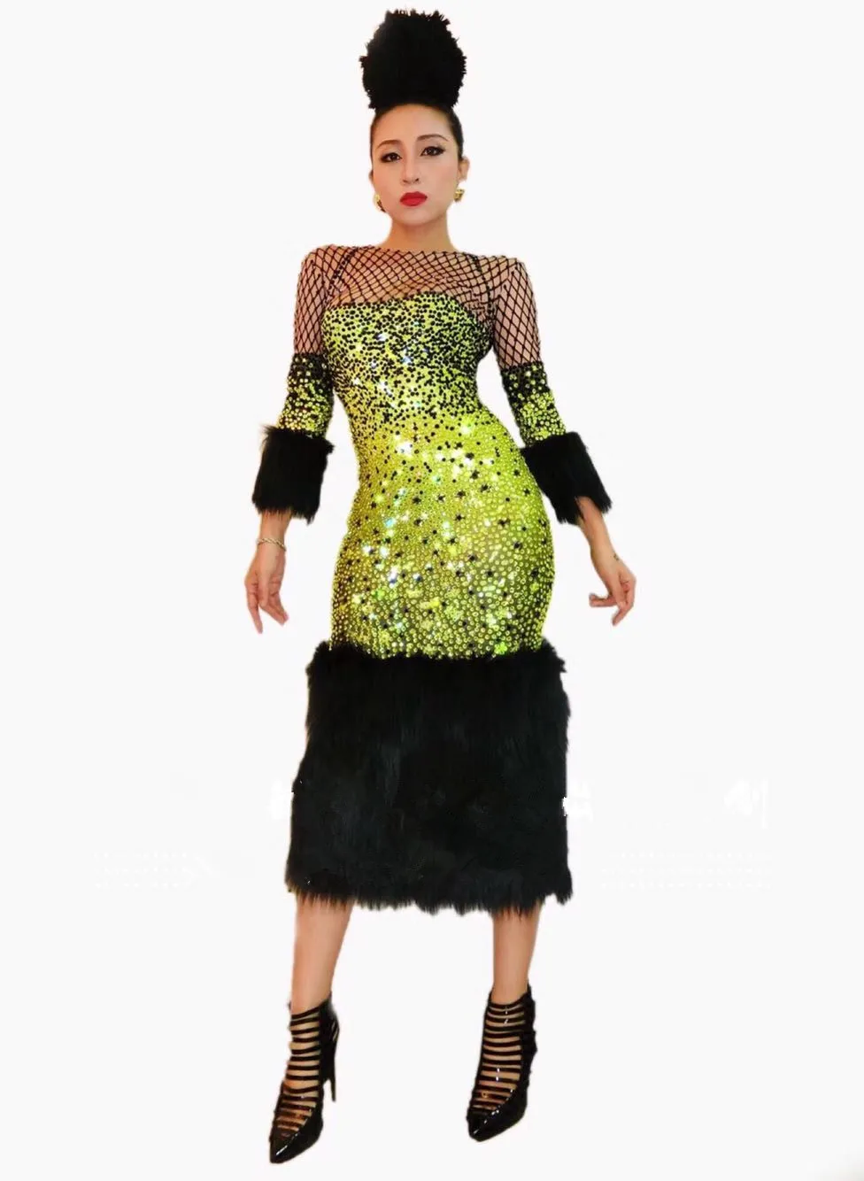 Платье с желтыми кристаллами бриллиантами перьями для бара ночного клуба