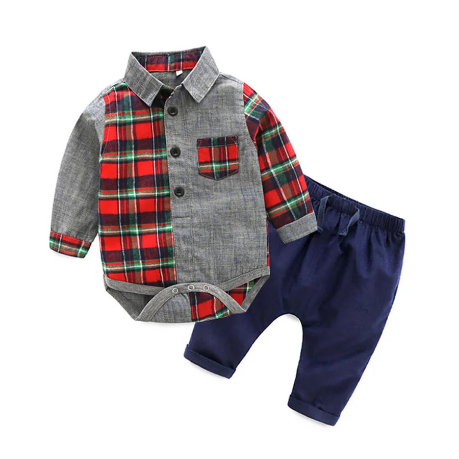 Baby Boy Clothes Newborn Toddler Boys Set Cotton Clothing Suit (Romper + Long Pants) Plaid Infant |