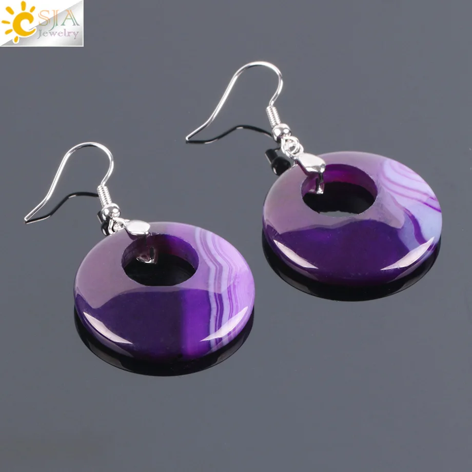 Purple Agate CSJA, 19 цветов, этнические, натуральный оникс, кристалл, камень, Женские Ювелирные серьги, полые, Круглый тигровый глаз, подвеска и серьги-подвески E499 - Окраска металла: Purple Agate