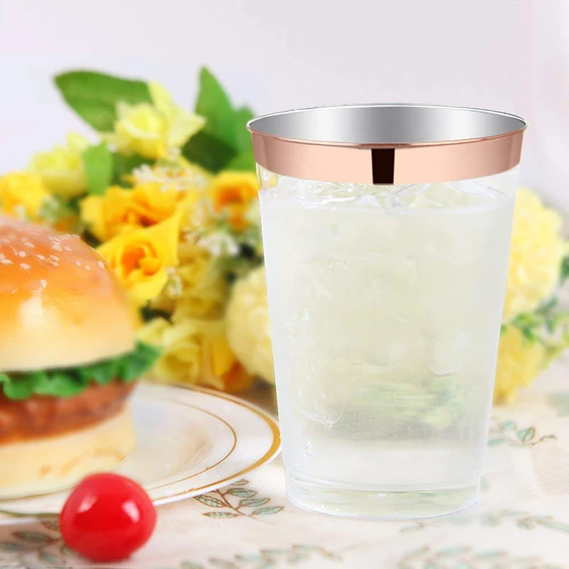 12oz Rose Gold Plastic Cups 100pack Clear with Rim-Wedding/Party Disposable Cups-Heavyweight | Дом и сад